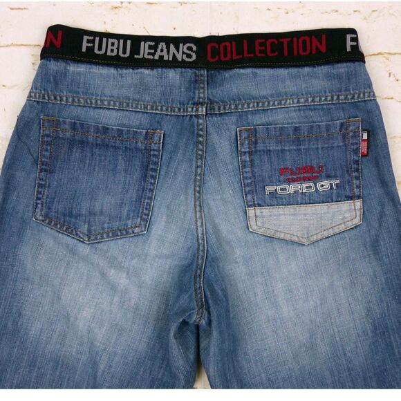 VTG FUBU Collection X Ford Denim Shorts Mens 29X17 Blue Logo Sporty Jorts Y2K - Picture 10 of 12